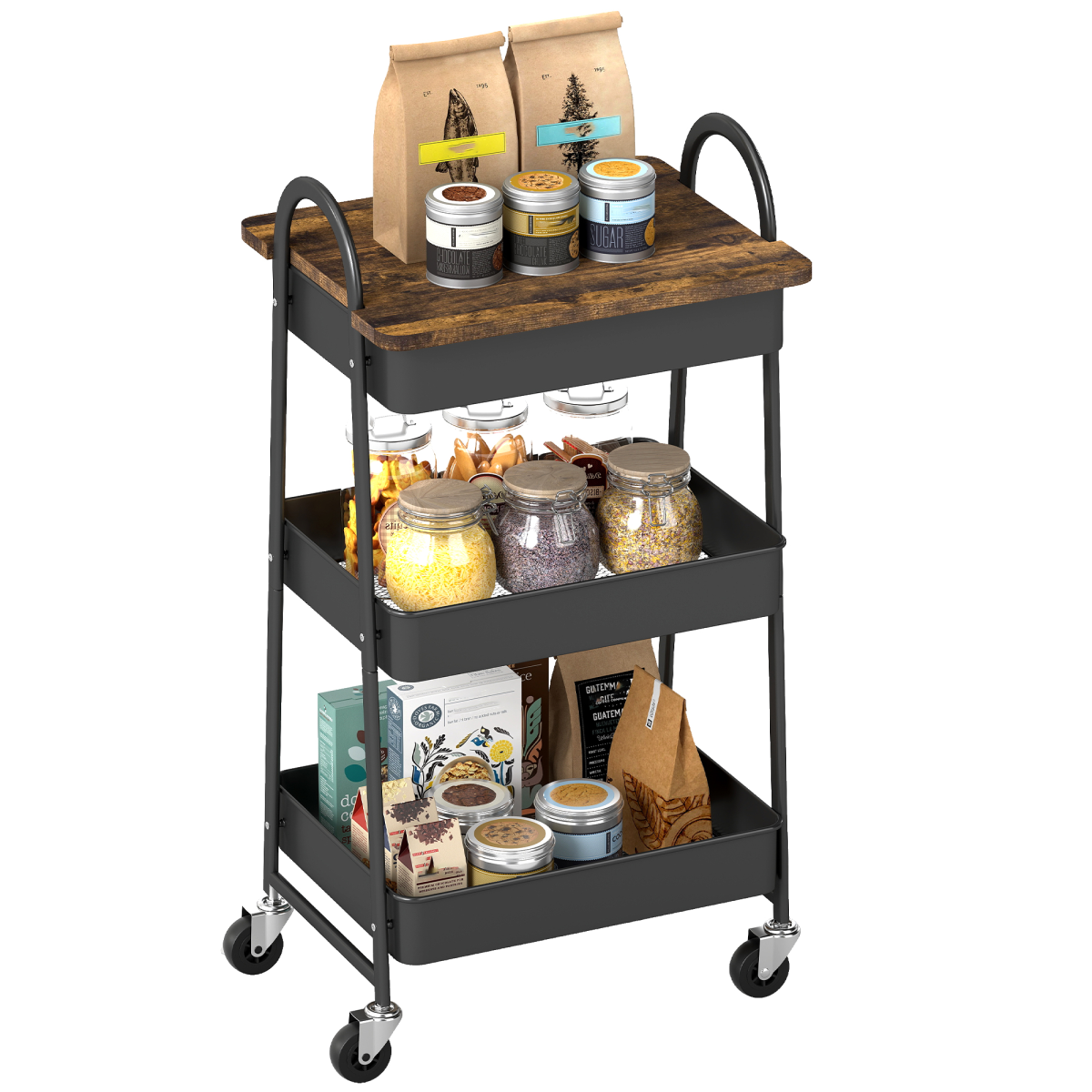 Homcom Rolling Utility Cart With Mesh Baskets For Kitchen Rustic Brown Black