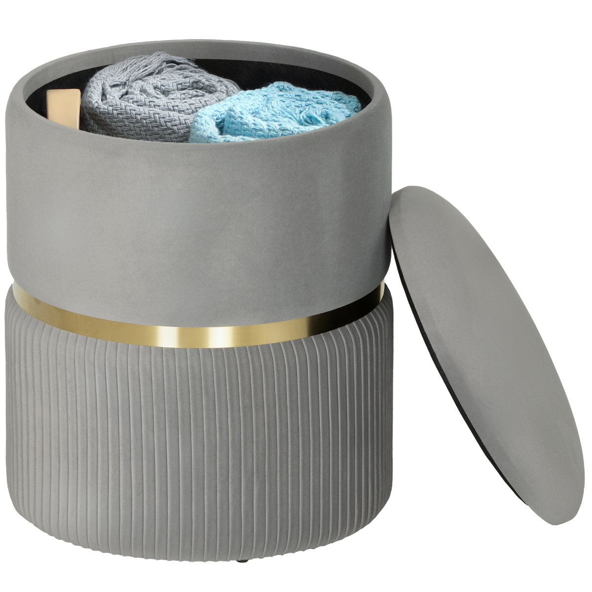 HOMCOM Velvet-Feel Pouffe Storage Footstool - Hidden Storage, Light Grey