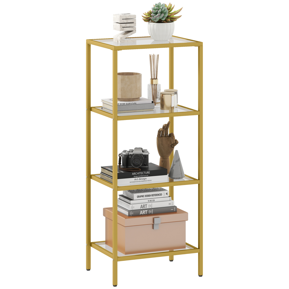 Homcom 4-Tier Shelving Unit Modern Glass Shelf Bookshelf For Home Gold Tone
