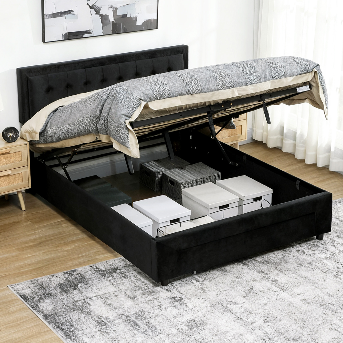 Homcom King Size Bed Frame With Storage And Adjustable Headboard, Black