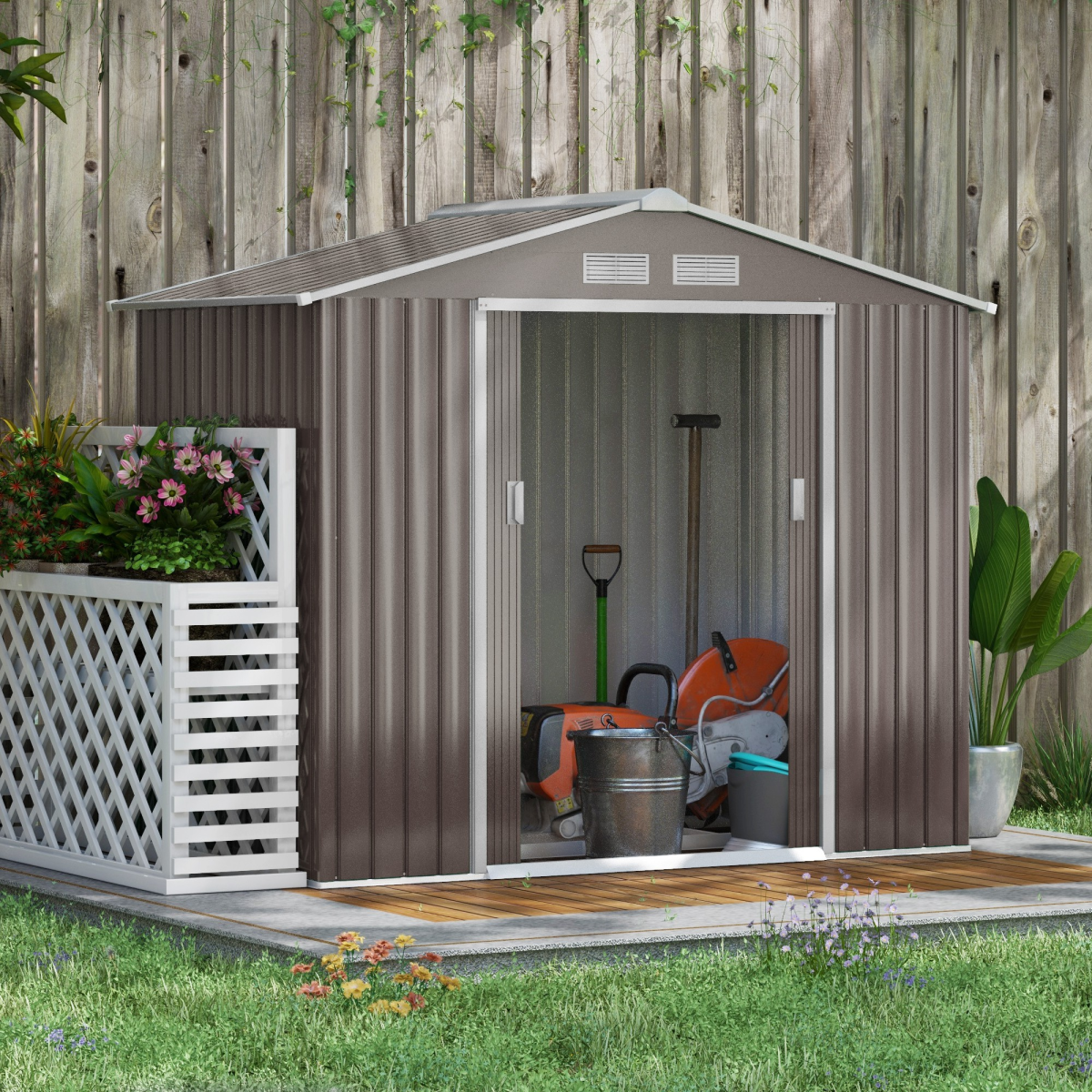 Lockable Large Metal Garden Shed with Roof, Patio Storage, Khaki - Produktbild 1