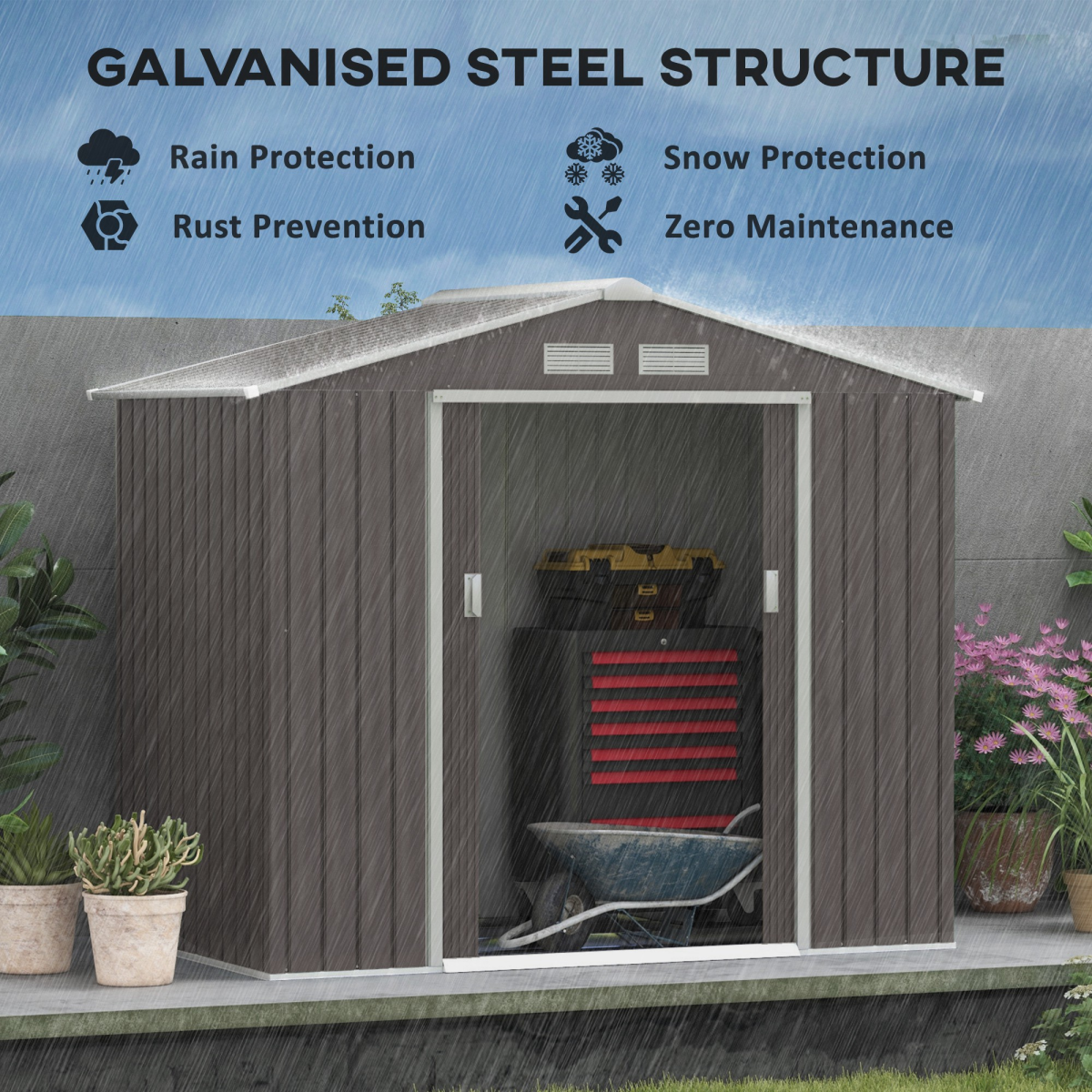 Lockable Large Metal Garden Shed with Roof, Patio Storage, Khaki - Produktbild 3