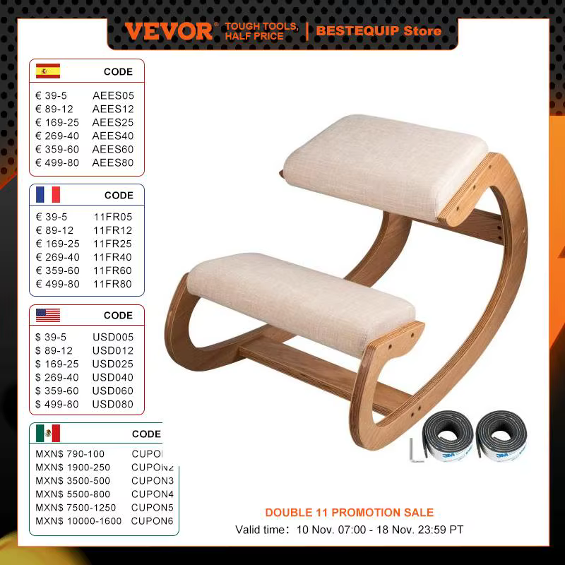 VEVOR Ergonomic Rocking Wooden Kneeling Chair Stool Correct Posture