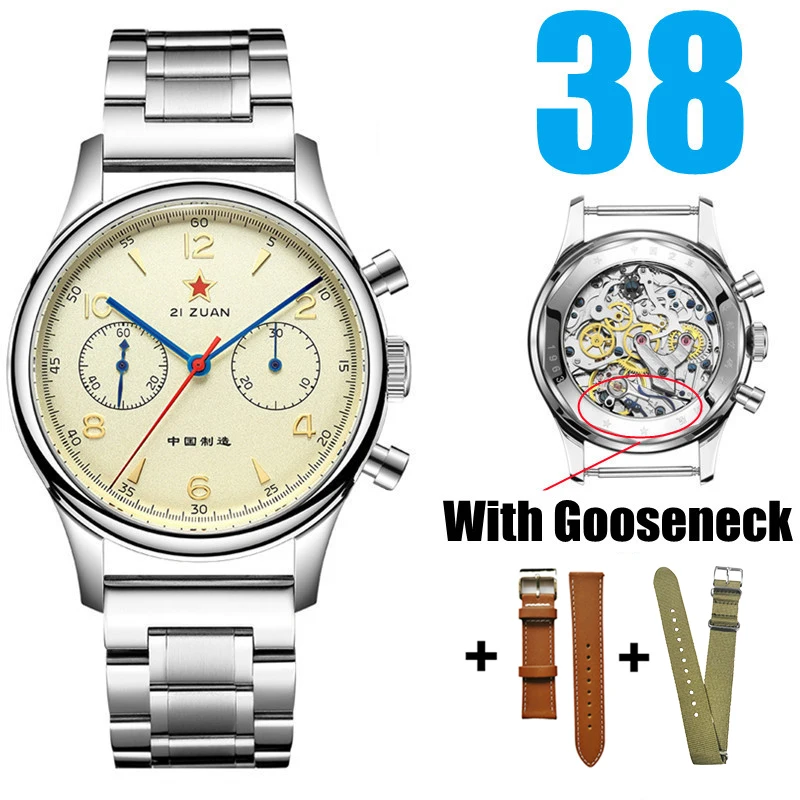 Red Star 1963 Chronograph mechanische Fliegeruhr mit Saphir & Schwanenhals - Bild 7 von 16