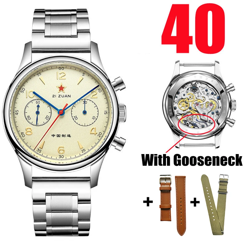Red Star 1963 Chronograph mechanische Fliegeruhr mit Saphir & Schwanenhals - Bild 14 von 16