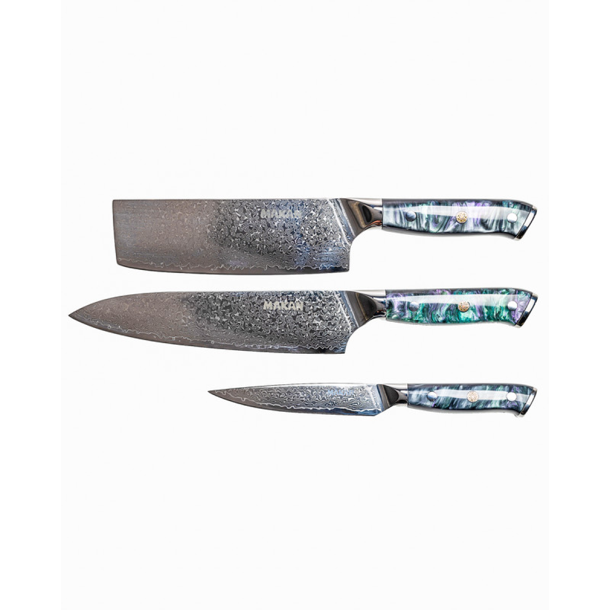 Damascus Steel ChefS Knife, Utility Knife & Vegetable Knife Set - Sky Blue