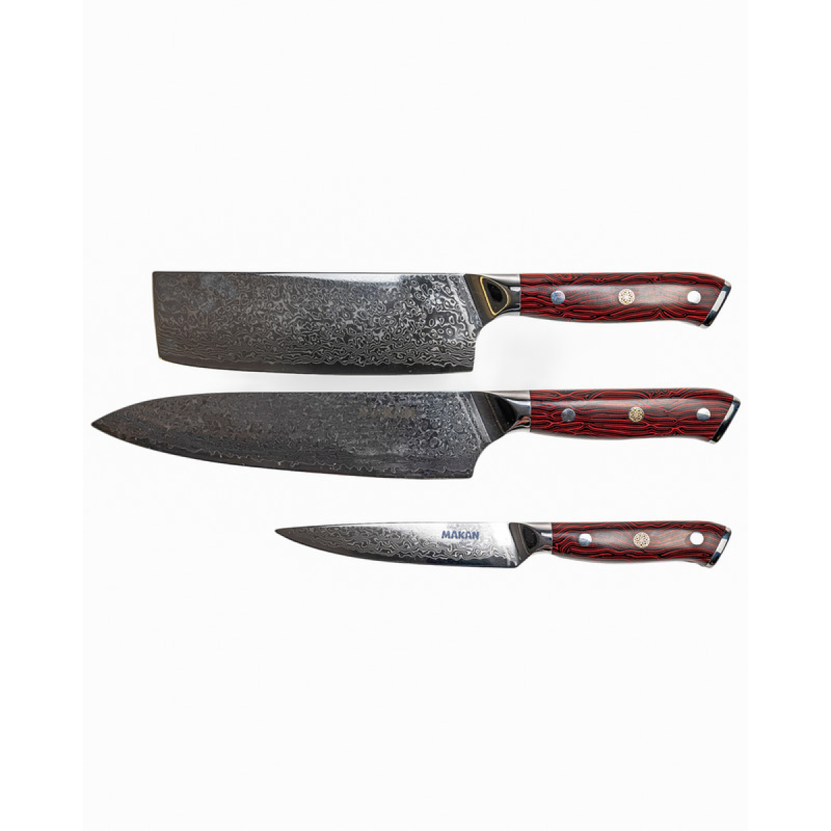 Damascus Steel ChefS Knife, Utility Knife & Vegetable Knife Set - Red Ripple 
