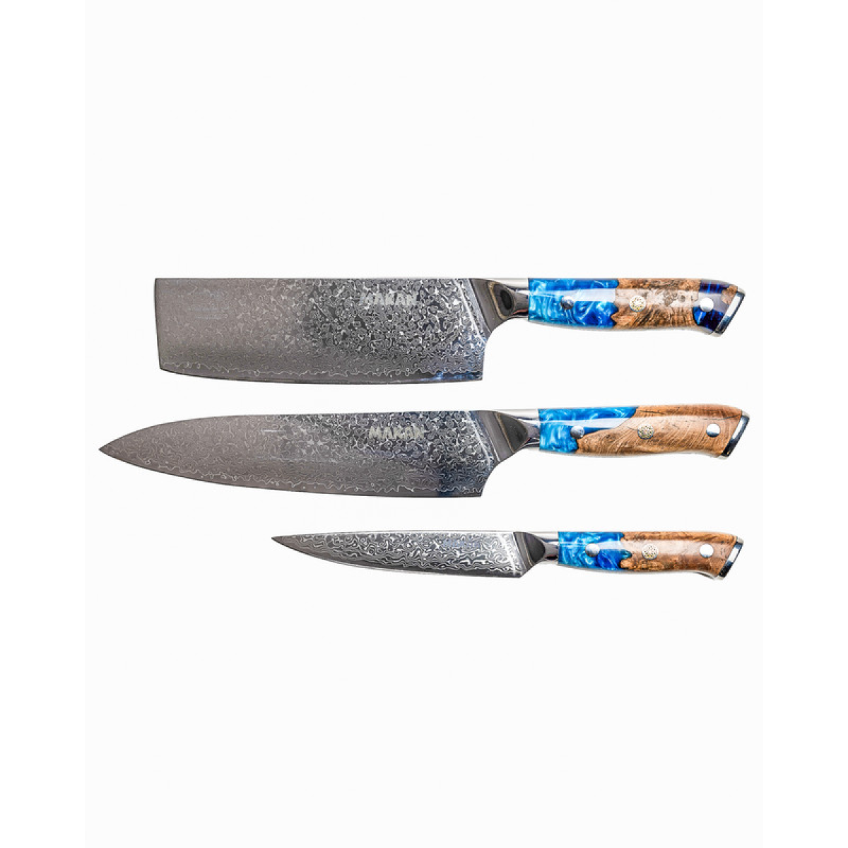 Damascus Steel ChefS Knife, Utility Knife & Vegetable Knife Set - Blue Shell