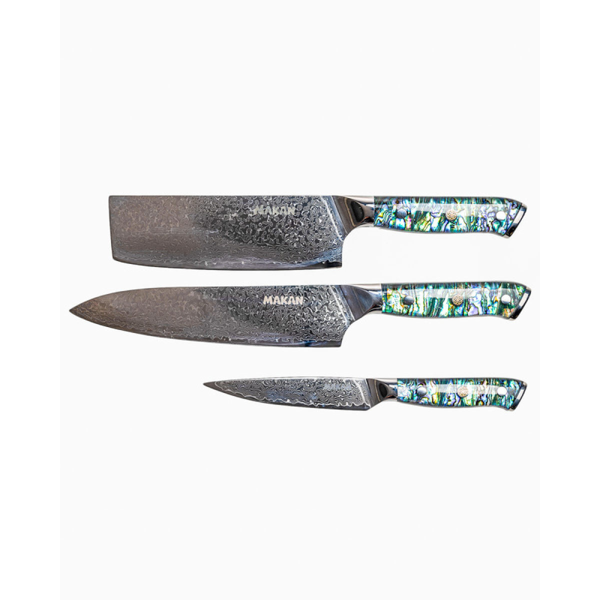 Damascus Steel ChefS Knife, Utility Knife & Vegetable Knife Set - Blue Wood 