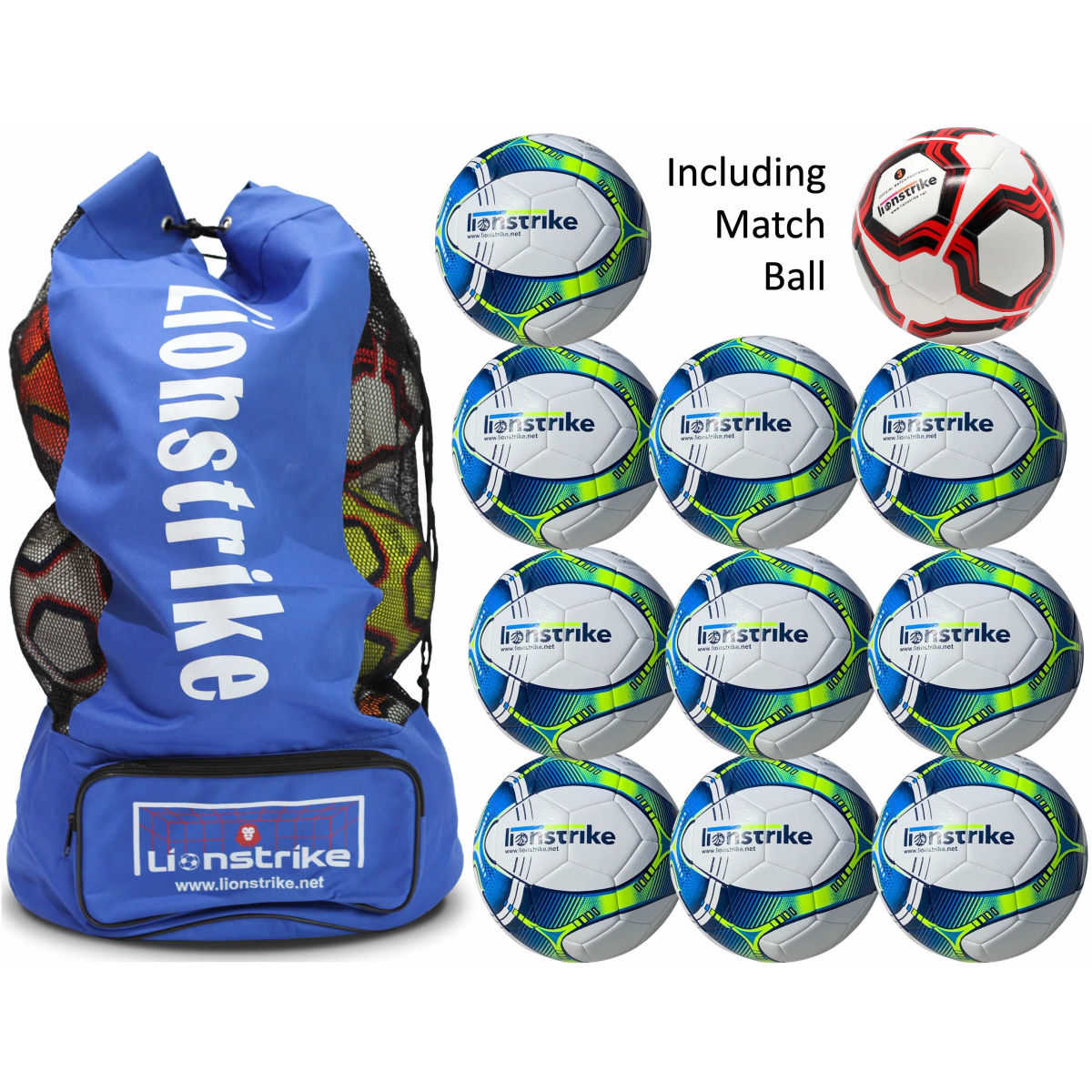 Lionstrike Matchday Football Multipack Bundle: 10 Club Balls, Match Ball &amp; Bag