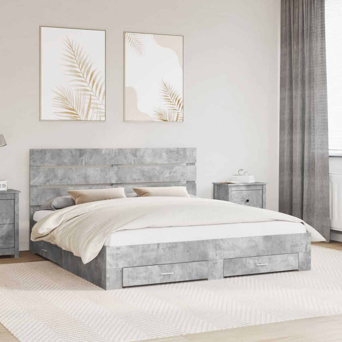 Storage Bed Frame Concrete Grey 200x200cm Engineered Wood With Drawers Modern UK