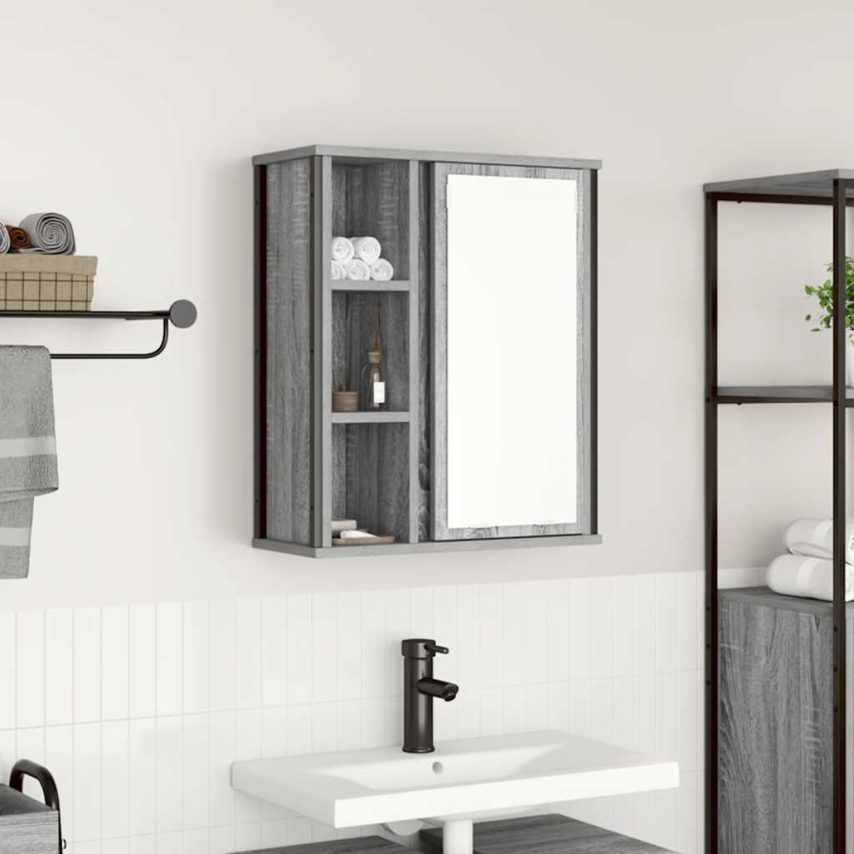 Bathroom Wall Cabinet with Mirror 50 x 21 x 60 cm Grey Engineered Wood Steel