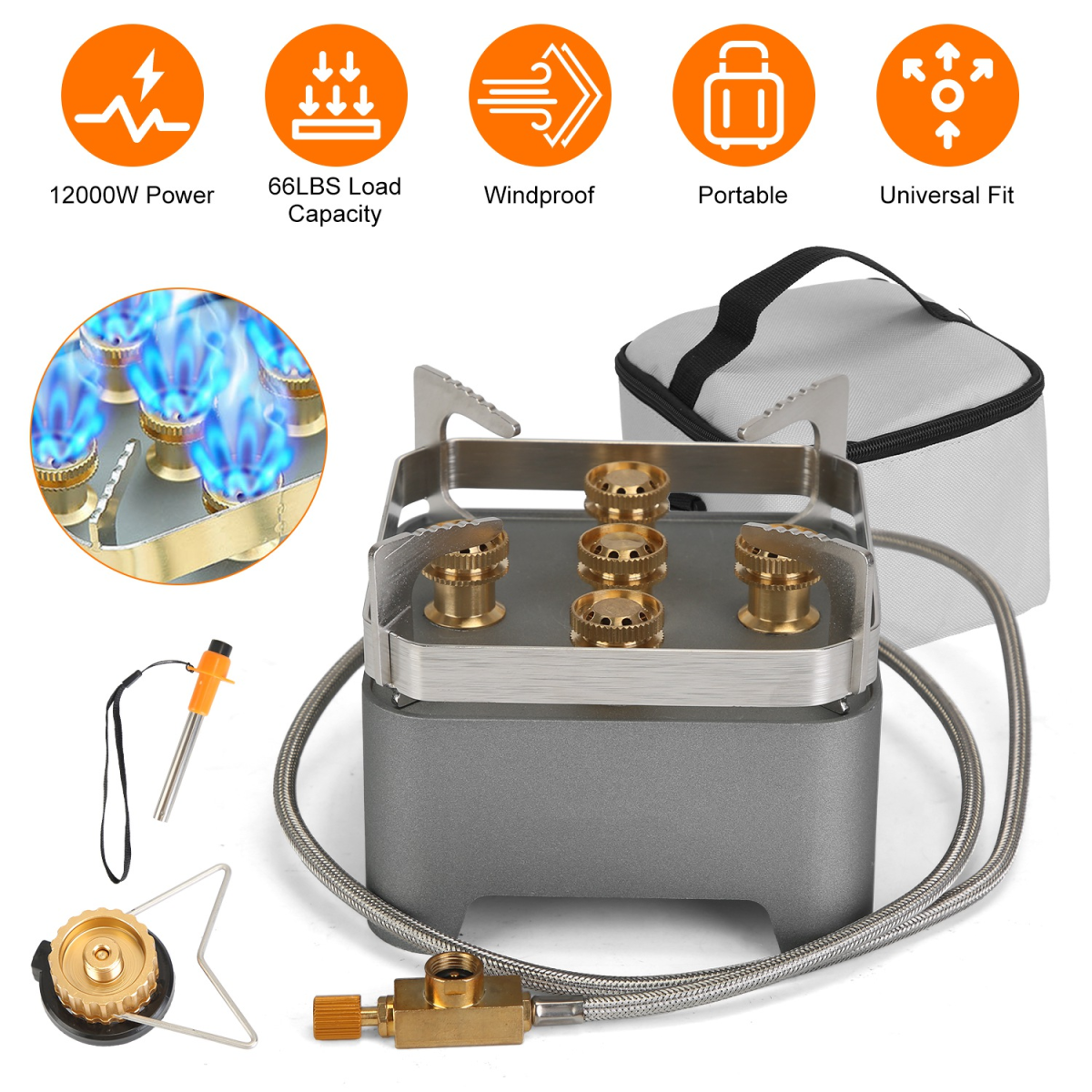 12000W Portable Camping Stove With Cassette Adapter Windproof Outdoor Backpacking Burner with Carrying Case Igniter for Outdoor Hiking Camping Picnic Backpacking