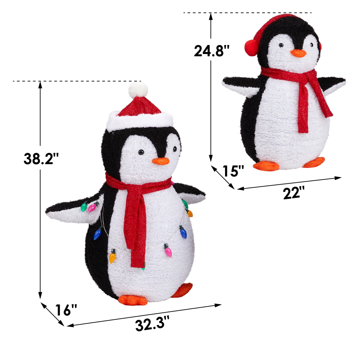 2-Piece Lighted Plush Penguins Christmas Yard Decorations, Set of 2 Pre-lit Pull Up Penguins with 150 Warm White LEDs, Multi-color Light String and Stakes for Xmas Outdoor Holiday Indoor Decor — image 2