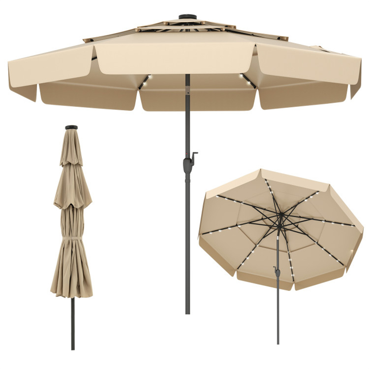 10 foot beige terrace umbrella with solar powered LED lights and multi-layered ventilated roof  ﻿